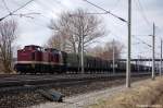 V100-Ost MTEG - Muldental Eisenbahnverkehrsgesellschaft mbH 204 347-9 (202 347-1) & 204 354-5 (202 354-7) Doppel mit leeren Hackschnitzelzug zwischen Growudicke und Rathenow in Richtung Rathenow