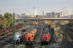 203 443 und eine mir nummernmäßig unbekannte Lok vom Typ MaK G322 bei Rangierarbeiten im Güterbahnhof Dormagen.