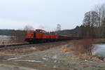 Frostiger Morgen des 17.02.2018 bei Pöllwitz mit dem Schrottzug nach Könitz/Thüringen mit Doppel 203.