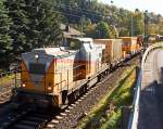 203 005  Starker Anton  der Die-Lei GmbH (Kassel) mit Bauzug der Schweerbau(Materialfrder- und Siloeinheiten MFS 100) am 15.10.2011 in Kirchen/Sieg.