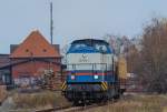 Lok 203 214 der Nordbayerischen Eisenbahn bei Rangierarbeiten auf der Torgelower Ladestrasse. - 11.11.2010.