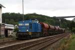 Der Arbeitszug mit 204 013-3 der PRESS im Bahnhof Markersbach. (28.05.09)