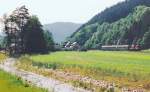 Ein Personenzug nach Lobenstein am 20.8.92 etwa 2 km südlich von Hockeroda. Im Vordergrund fließt die Sormitz, die dem Tal und der Bahnlinie ihren Namen gab.