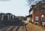 211 313 und eine Schwesterlok wurden am 27.1.89 im Gegenlicht in Frensdorf fotografiert: Auf Gleis 2 fuhren sie von Schlüsselfeld zurück nach Bamberg.