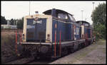 Zwei ehemalige DB Dieselloks der Reihe 211 sind vom Kanal Tunnelbau zurück und stehen hier am 29.8.1993 auf dem Abstellgleis in Celle.