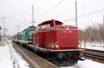 V 100 2009 der Neustelitzer Hafenbahn steht am 18.02.10 mit vier Ludmilla der Wismut im Bahnhof Muldenstein.