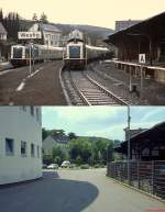 Der Bahnhof Westig im Herbst 1987 und im Sommer 2009: Wo früher 212 081-4 und 212 284-4 mit ihren Nahverkehrszügen nach Menden bzw. Iserlohn kreuzten, befindet sich heute eine Feuerwache. Zumindest das Bahnhofsgebäude blieb erhalten.