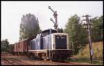 212060 am 10.8.1989 um 18.31 Uhr mit einem Güterzug auf der Madonnenbahn bei Bödigheim auf dem Weg nach Seckach.