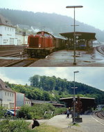 Einst und jetzt im Bergischen Land: Im Herbst 1978 steht 212 245-1 mit einem Nahverkehrszug im Bahnhof Gummersbach. Auf der Vergleichsaufnahme 2008 ist das Bahnhofsgebäude isoliert von den Gleisanlagen, die nur noch aus einem Stumpfgleis und dem Durchgangsgleis in Richtung Marienheide bestehen. Auch die untere Aufnahme ist schon historisch, das Bahnhofsgebäude wurde inzwischen abgerissen, dafür wurde das Stumpfgleis wieder angebunden, somit sind wieder Zugkreuzungen im Gummersbach möglich.