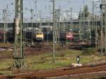 Blick auf den Güterbahnhof und auf die 216 012-5 der Firma Wiebe udn rechts daneben steht 185 405-8 der Firma IGE noch mit  Wir gratulieren der deutschen Fußballmannschafft  Beklebung.