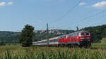 Eine Doppeltraktion 218er zieht den IC118 (Münster - Innsbruck) die Filstalbahn hinauf, hier kurz vor Uhingen.