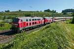 Nach der Ausstattung der bayerischen Allgubahn zwischen Lindau und Hergatz mit Oberleitungsmasten kann bei Bodolz das 218er-Doppel nur noch mit „Mastschaden“ fotografiert werden.