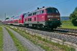 Nicht oft zu sehen, dass auf der Südbahn Doppelstockwagen anstatt geschoben von einer Lok nach Ulm gezogen werden. 218 436-4 mit den Wagen des ex RE 4218, Lindau - Stuttgart, bzw. ex RE 17778, Lindau - Friedrichshafen, zwischen Aulendorf und Bad Schussenried (09.09.2020).