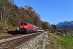 Am 09. November 2020 bespannten die Mühldorfer 218 401 und 423 den EC 194 auf seiner Fahrt über die Allgäubahn nach Lindau. Bei Knechtenhofen konnte ich den Fernzug aufnehmen. Die führende Lok war zum Ende der dieselbespannten EuroCities neben der 430 und der 452 eine der wenigen Vertreterinnen ihrer Baureihe in einem akzeptablen optischen Pflegezustand. Deswegen habe ich hier auch eine fahrzeugorientierte Position gewählt. 