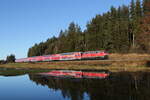 218 411 war am 21. November 2021 mit einem Regionalzug bei  Ruderatshofen  in Richtung München unterwegs. Der Zug spiegelt sich hier in der aufgestauten  Kirnach .