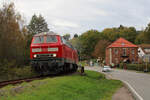 DB 218 813-4 verlässt mit ihrem Martinimarkt-Sonderzug den Haltepunkt Busenberg-Schindhard zur Fahrt nach Bundenthal-Rumbach. (06.11.2022)