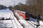 LINT-Ersatzverkehr: 218 451-3 schiebt am 11.02.2010 bei Schwentinental(Raisdorf) einen RE nach Lbeck Hbf.