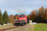 Symbolisch fr den Abschied der BR 218 im Nahverkehr auf der KBS 971 mchte ich dieses Bild der Kemptner 218 472-9 zeigen. Es entstand am 4. November 2011 in der Nhe des Bahnhofes Hergatz, welchen die Lok soeben mit ihren drei n-Wagen als RB 57539 nach Augsburg verlassen hat.