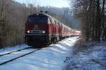 218 387-9 mit ihrer RB 23264 Korbach - Brilon Wald, hier im winterlichen Upland kurz vor dem Ziel Brilon Wald, 11.02.2012