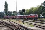 218 494-3 mit dem 3 Lwen Takt Radexpress stand am 21.08.2012 in Lindau am Bodensee in der Abstellung und konnte so vom Bahnsteig aus abgelichtet werden.