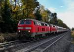 218 432 + 218 491 mit einem IC am 03.11.2012 bei Friedrichshafen Stadt.