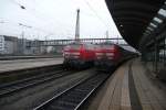 Am 04.01.13 stehen 218 454 mit dem RE aus  Kempten(Allgu)Hbf und 218 432 mit dem IRE  aus Friedrichshafen Stadt in Ulm Hbf.