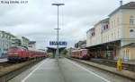 Blick nach Osten auf Friedrichshafen Stadt mit 218 439 und 650 319 am regnerischen 9.8.07.
