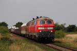 218 389-5 und 218 319-2 mit einem Autozug von der Insel Sylt kurz vor Niebüll. Fotografiert am 18.07.2014. 