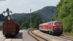 218 491-9 mit dem IRE28623 (Donaueschingen-Ulm Hbf) in Fridingen 23.6.14 (Bild entstand vom Bahnsteigende)