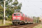 218 333-3 am 28.09.2014 mit dem  Strandexpress  (RE 21449) auf der KBS 104 auf dem Wege nach Hamburg Hauptbahnhof, südlich Ahrensburg