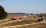 RE 57411 (Memmingen-München Hbf) mit Schublok 218 425-7 bei Sontheim(Schwab) 10.3.15