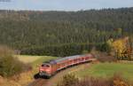 218 326-7 mit dem IRE 3220 (Ulm Hbf-Neustadt(Schwarzw) bei Unadingen 24.10.15