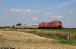 218 341+218 359 mit einem Intercity auf der Marschbahn bei Langenhorn, aufgenommen am 21.07.16.