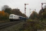 223 157 zieht einen Autozug durch Lbberstedt in Richtung Bremerhaven. Die Aufnahme enstand mit Zustimmung des Fahrdienstleiters! Aufgenommen am 10.11.2012