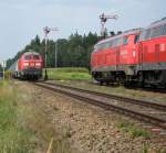 225 094-2 + 294 603-6 mit dem 56713 von Mhldorf nach Kastl bei der Einfahrt in Tling am 28. August 2009. Rechts sieht man 225 003-3 +217 017-3.