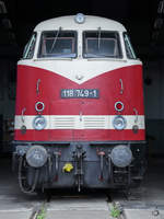 Die Diesellokomotive 118 749-1 war Mitte August 2018 im Eisenbahnmuseum Arnstadt zu sehen.