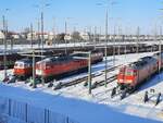 DB 232 303 + 232 241 + 233 127 am 12.02.2021 bei DB Cargo in Halle (S).