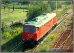 232 587 frisch lackiert (bis jetzt in der roten Grundfarbe) auf Probefahrt im Bf Falkenberg(Elster), 12.09.06