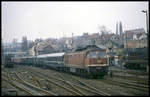132070 erreicht mit einem Sonderzug aus Frankfurt am Main, den sie in Gerstungen übernommen hat, am 29.3.1991 den Zielbahnhof Meiningen.