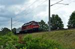 232 349 auch wieder ohne Rundumleuchten, aber mit einem Tieflader am Harken hier bei Pantelitz in Richtung Rostock am 17.08.09