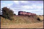 Gewaltig übermotorisiert war dieser Kurzgüterzug bei Ummendorf am 16.9.1990 um 16.48 Uhr mit 132144 und 132502 auf dem Weg nach Marienborn.