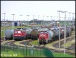 233 572-7 und 295 094-7 warten hier auf der Vorstellgruppe der Raffinerie Wilhelmshaven auf Abfahrt. 31-07-2009