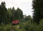 Gterverkehr im oberen Vogtland: 261 026 und 261 062 als EK74830 Zwickau - Oelsnitz zwischen Gunzen und Siebenbrunn kurz nach der Ortslage Gunzen, 06.08.2012.