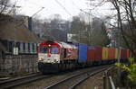 Die Class 66 DE6311  Hanna  von Crossrail kommt aus Richtung Aachen-West mit einem langen MSC-Containerzug aus Antwerpen-Berendrecht(B) nach Weil Am Rhein(D) und fährt durch Aachen-Schanz in