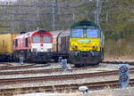 Die Class 66 DE6312  Alix  von Crossrail steht mit einem MSC-Containerzug im Bahnhof Montzen.
Rechts daneben steht die Class 66  266 024-9 von Railtraxx mit einem Güterzug. 
Aufgenommen in Montzen-Gare(B). 
Bei wolken am Nachmittag vom 4.3.2018. 