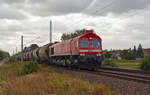 Wegen Bauarbeiten auf der Strecke Halle(S) - Halberstadt wurde der Kalkzug nach Blankenburg am 03.10.18 über Dessau nach Magdeburg geführt. Hier durchfährt der mit MEG-Class 66 077 012 geführte Zug Jeßnitz.