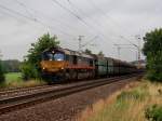 Die Class 66 29003 am 11.08.2010 mit einem Kohlezug unterwegs bei Eystrup.