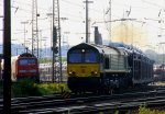 Die Class 66 PB01 von der Rurtalbahn fhrt mit einem Dacia-Autozug von Aachen-West nach Belgien bei der Abendstimmung am 24.5.2012.