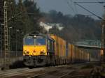 Eine Class66 von Crossrail mit einem Containerzug am 17.02.2013 auf der Rampe der Montzenroute von Aachen West unterwegs nach Seebrgge.