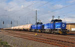 275 012 und 275 010 beschleunigen am 19.04.17 einen Kesselwagenzug aus dem Bahnhof Bitterfeld heraus. Der Zug kam aus Piesteritz und hatte Großkorbetha als Ziel.